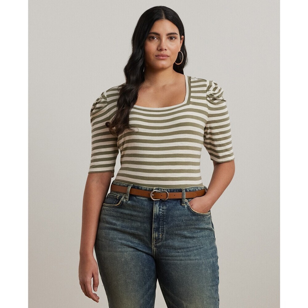 Lauren Ralph Lauren Dalmaz Top Women's 3X Sage Green Striped Puff Sleeve RED666